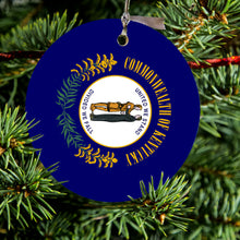 DistinctInk® Hanging Ceramic Christmas Tree Ornament with Gold String - Great Gift / Present - 2 3/4 inch Diameter - Kentucky State Flag