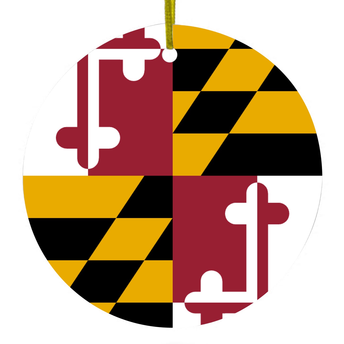 DistinctInk® Hanging Ceramic Christmas Tree Ornament with Gold String - Great Gift / Present - 2 3/4 inch Diameter - Maryland State Flag