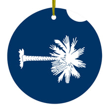 DistinctInk® Hanging Ceramic Christmas Tree Ornament with Gold String - Great Gift / Present - 2 3/4 inch Diameter - South Carolina State Flag