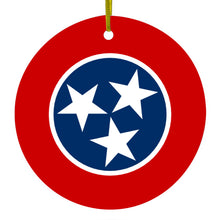 DistinctInk® Hanging Ceramic Christmas Tree Ornament with Gold String - Great Gift / Present - 2 3/4 inch Diameter - Tennessee State Flag