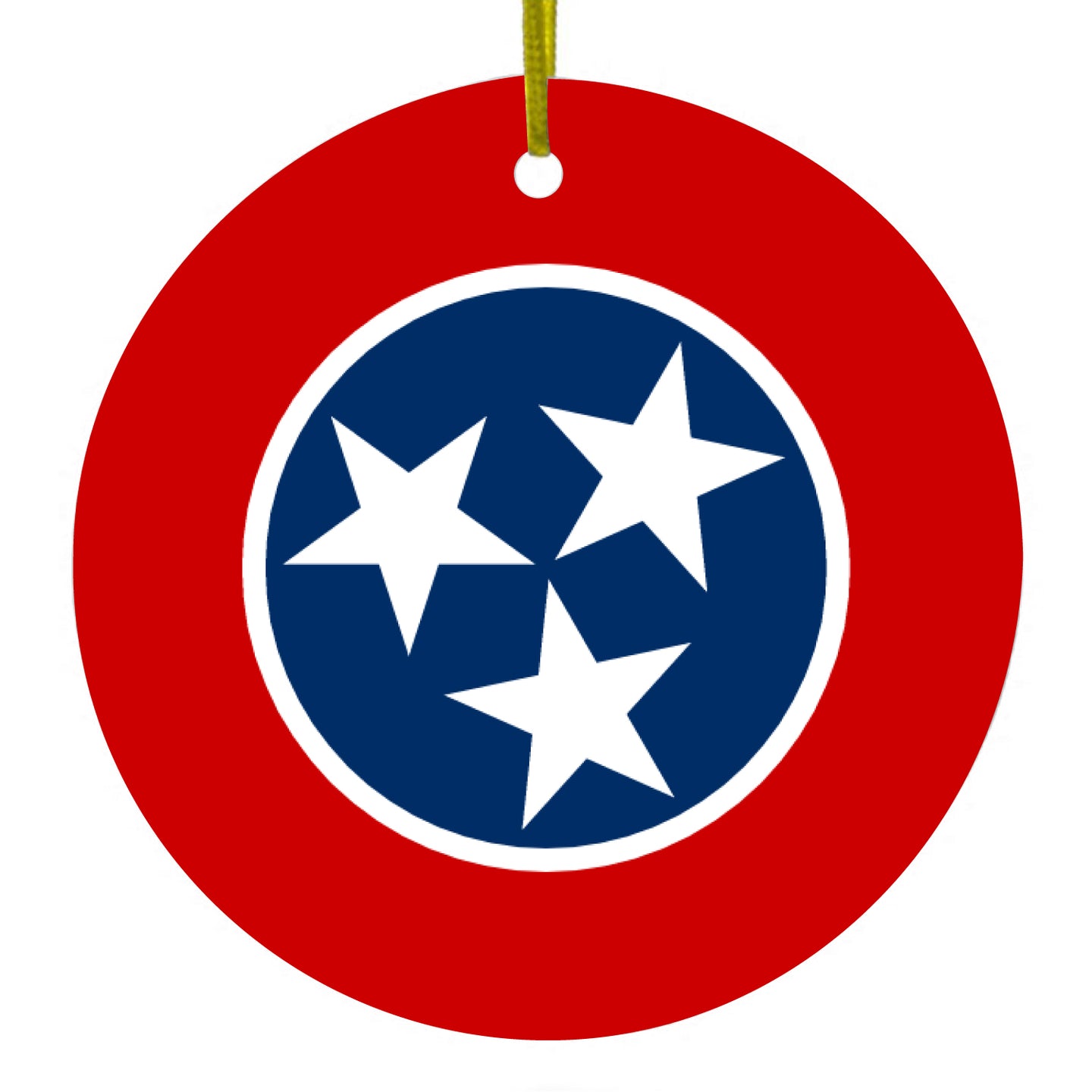 DistinctInk® Hanging Ceramic Christmas Tree Ornament with Gold String - Great Gift / Present - 2 3/4 inch Diameter - Tennessee State Flag