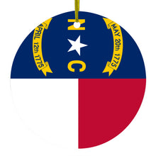 DistinctInk® Hanging Ceramic Christmas Tree Ornament with Gold String - Great Gift / Present - 2 3/4 inch Diameter - North Carolina State Flag