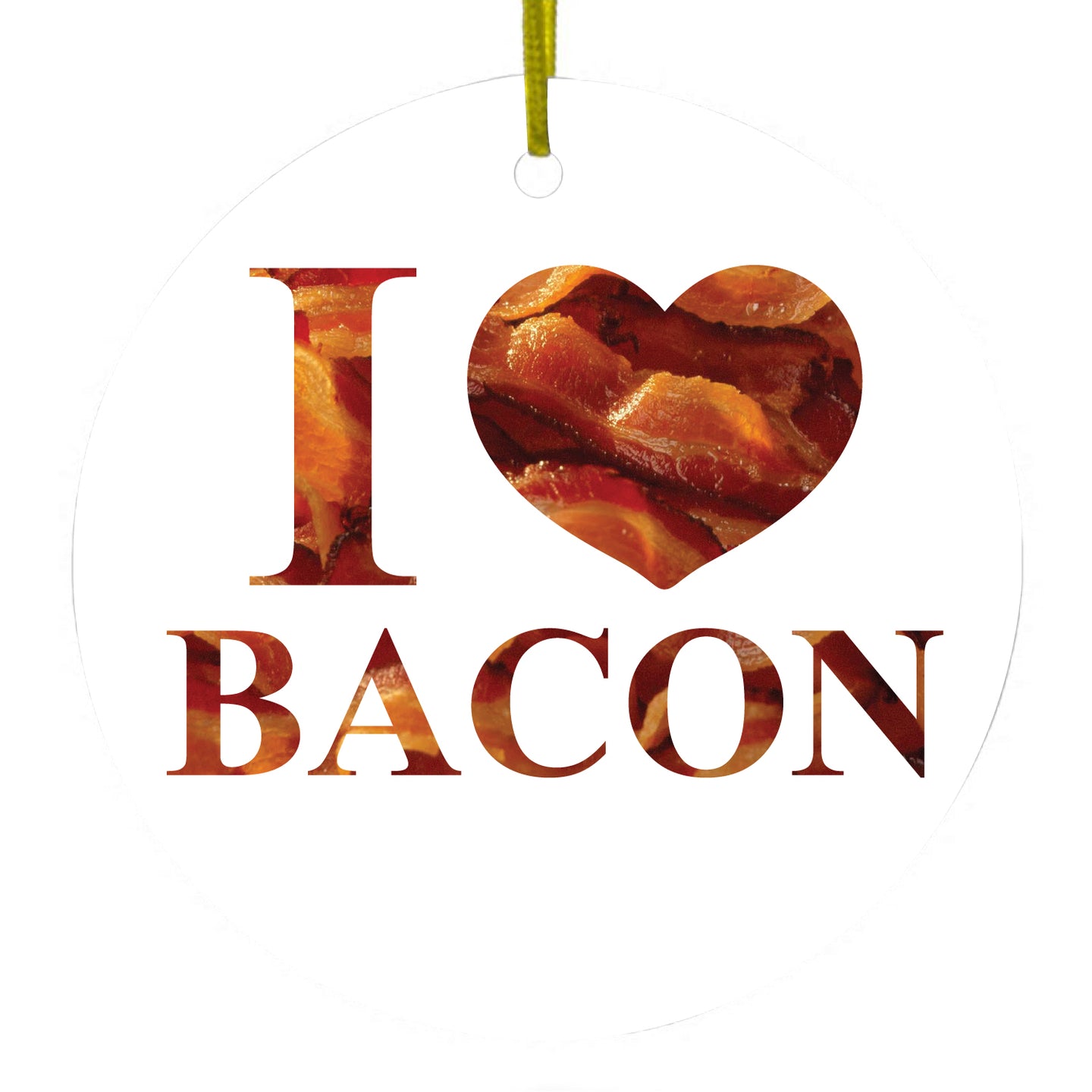 DistinctInk® Hanging Ceramic Christmas Tree Ornament with Gold String - Great Gift / Present - 2 3/4 inch Diameter - White Bacon Writing I Heart Bacon