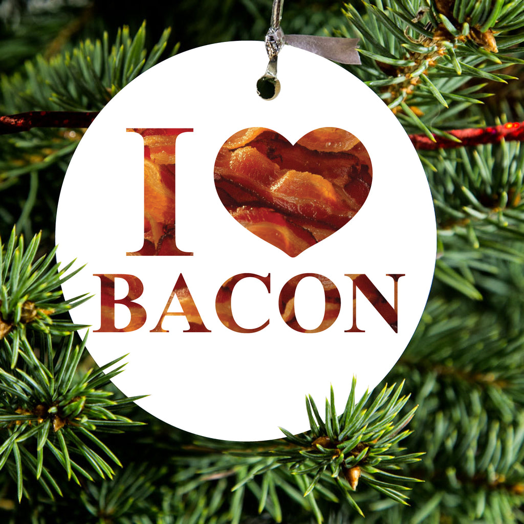 White Bacon Writing I Heart Bacon Ceramic Ornament, view 2