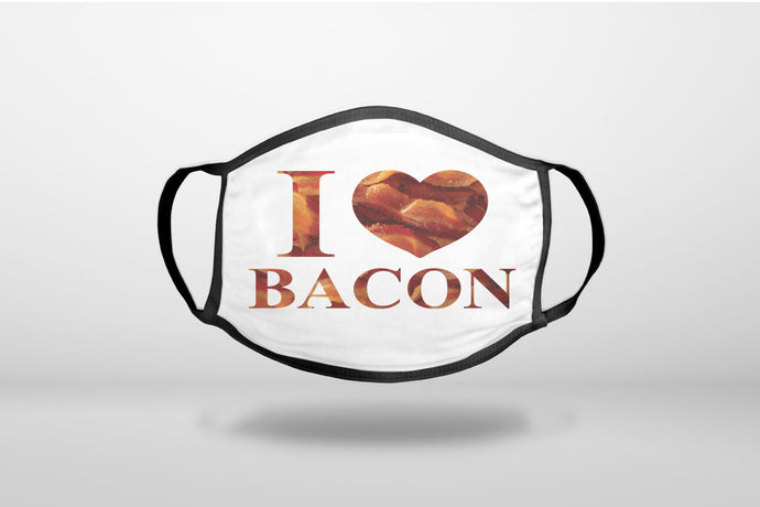 White Bacon Writing I Heart Bacon - 3-Ply Reusable Soft Face Mask Covering, Unisex, Cotton Inner Layer