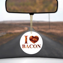 DistinctInk® Hanging Ceramic Christmas Tree Ornament with Gold String - Great Gift / Present - 2 3/4 inch Diameter - White Bacon Writing I Heart Bacon