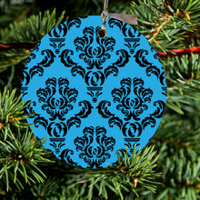 DistinctInk® Hanging Ceramic Christmas Tree Ornament with Gold String - Great Gift / Present - 2 3/4 inch Diameter - Blue Black Damask Pattern
