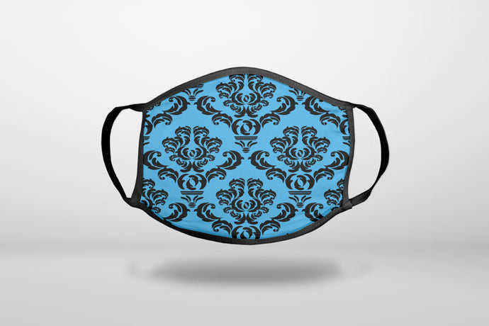 Blue Black Damask Pattern - 3-Ply Reusable Soft Face Mask Covering, Unisex, Cotton Inner Layer