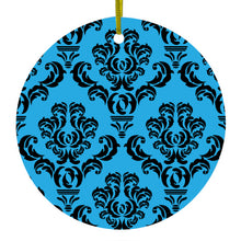 DistinctInk® Hanging Ceramic Christmas Tree Ornament with Gold String - Great Gift / Present - 2 3/4 inch Diameter - Blue Black Damask Pattern