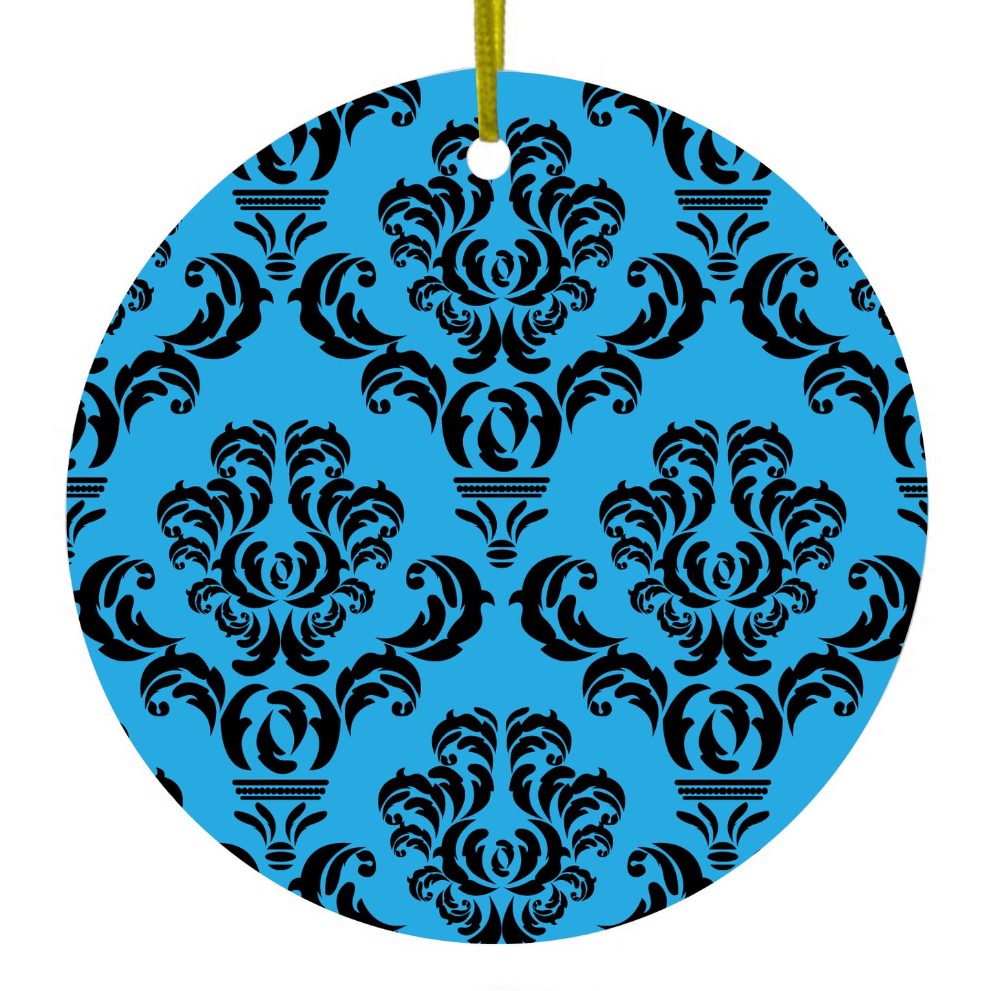 DistinctInk® Hanging Ceramic Christmas Tree Ornament with Gold String - Great Gift / Present - 2 3/4 inch Diameter - Blue Black Damask Pattern