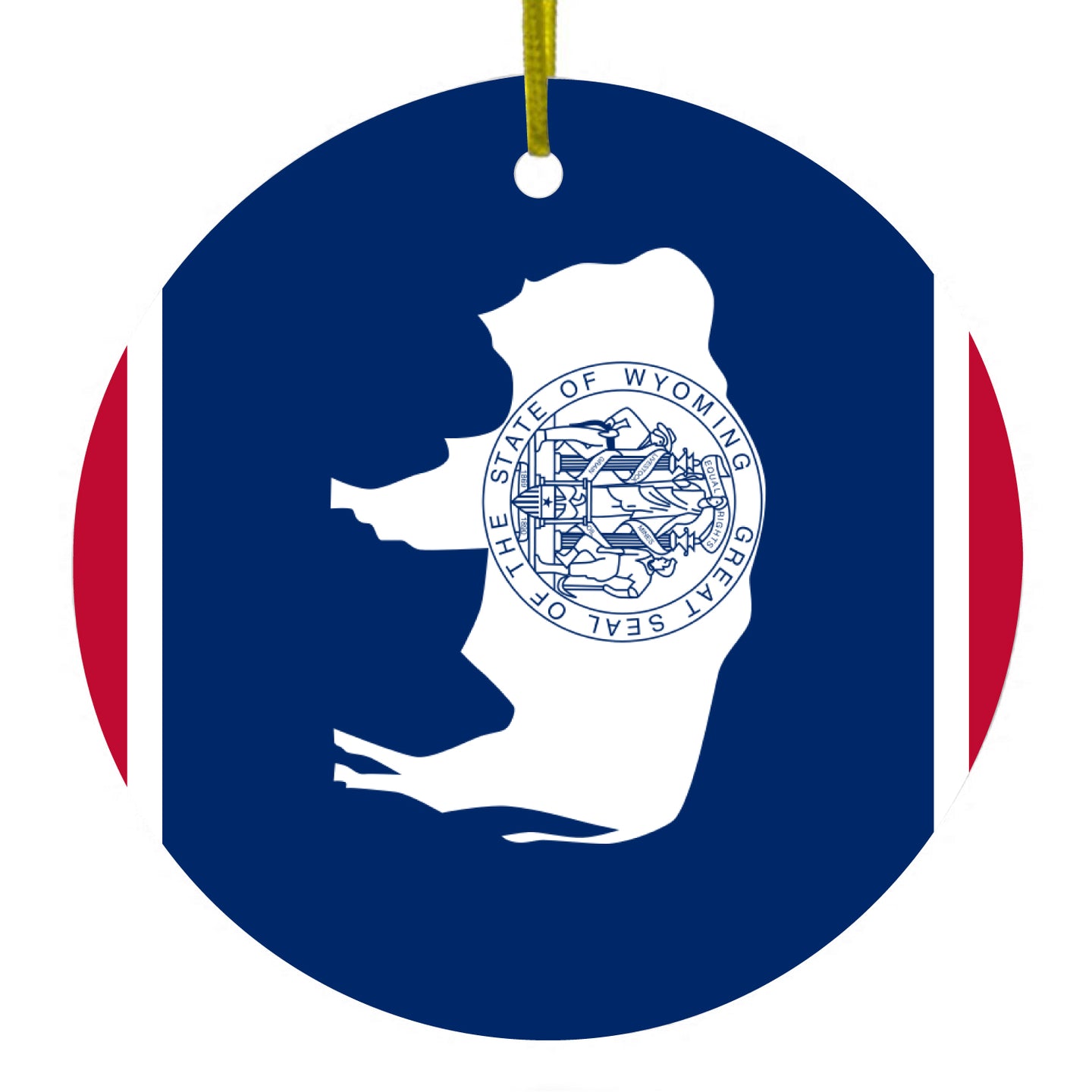 DistinctInk® Hanging Ceramic Christmas Tree Ornament with Gold String - Great Gift / Present - 2 3/4 inch Diameter - Wyoming State Flag