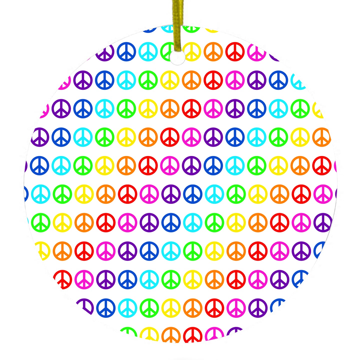 DistinctInk® Hanging Ceramic Christmas Tree Ornament with Gold String - Great Gift / Present - 2 3/4 inch Diameter - White Rainbow Peace Signs