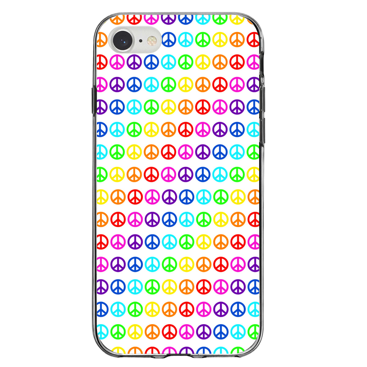 White Rainbow Peace Signs Clear Shockproof iPhone Case, view 5
