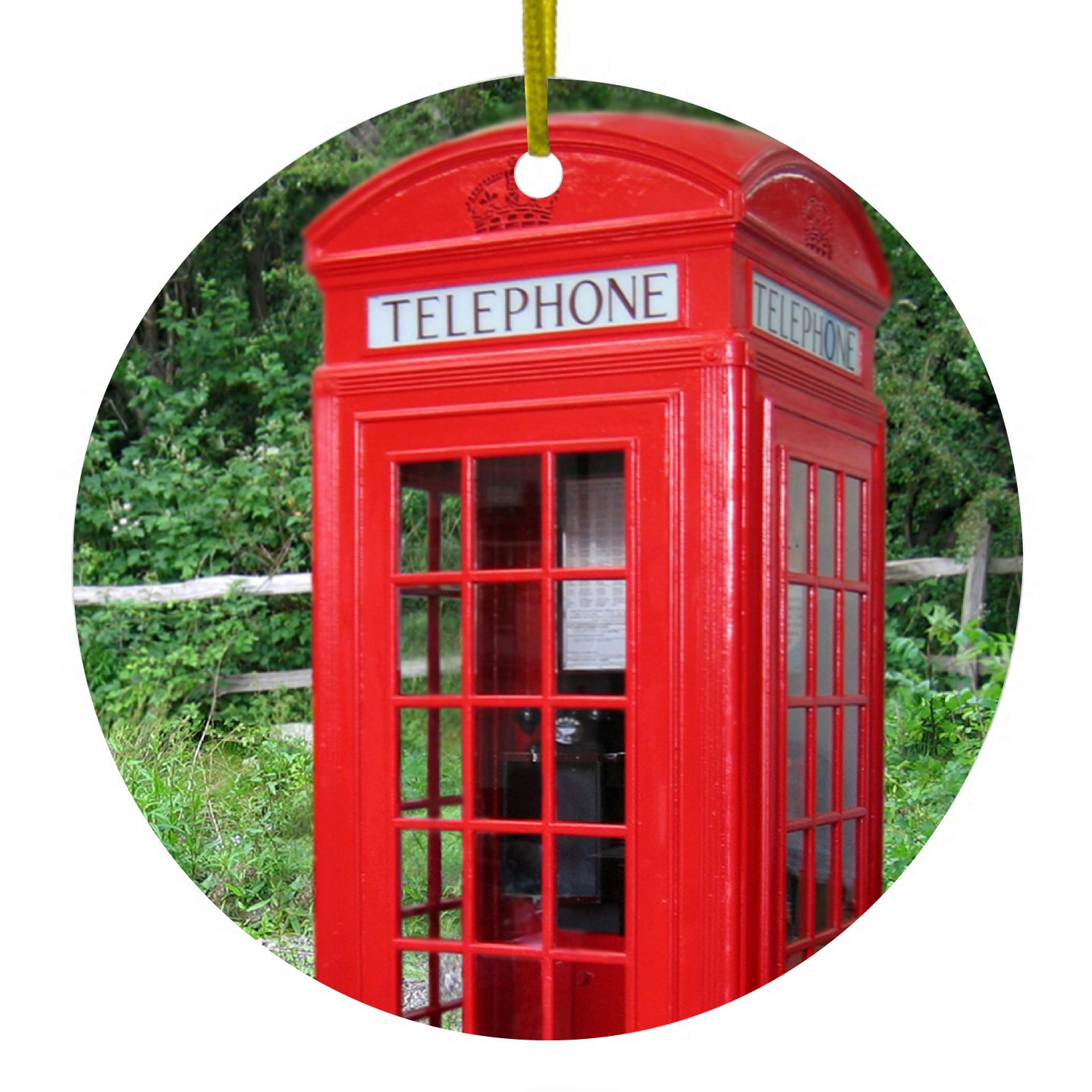 DistinctInk® Hanging Ceramic Christmas Tree Ornament with Gold String - Great Gift / Present - 2 3/4 inch Diameter - Red London Phone Booth