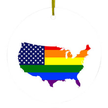 DistinctInk® Hanging Ceramic Christmas Tree Ornament with Gold String - Great Gift / Present - 2 3/4 inch Diameter - US Map Gay Pride Flag