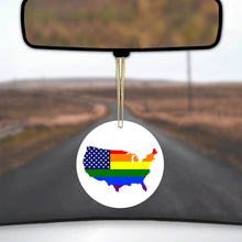 DistinctInk® Hanging Ceramic Christmas Tree Ornament with Gold String - Great Gift / Present - 2 3/4 inch Diameter - US Map Gay Pride Flag