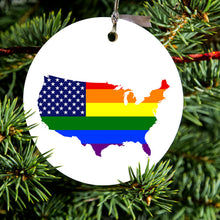 DistinctInk® Hanging Ceramic Christmas Tree Ornament with Gold String - Great Gift / Present - 2 3/4 inch Diameter - US Map Gay Pride Flag