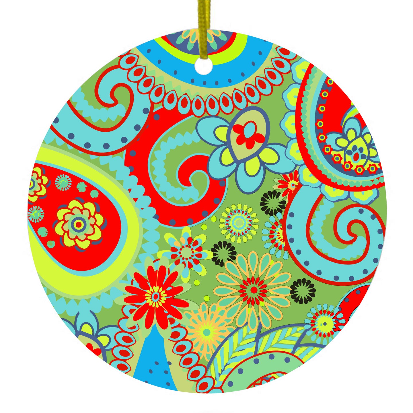 DistinctInk® Hanging Ceramic Christmas Tree Ornament with Gold String - Great Gift / Present - 2 3/4 inch Diameter - Green Red Blue Paisley