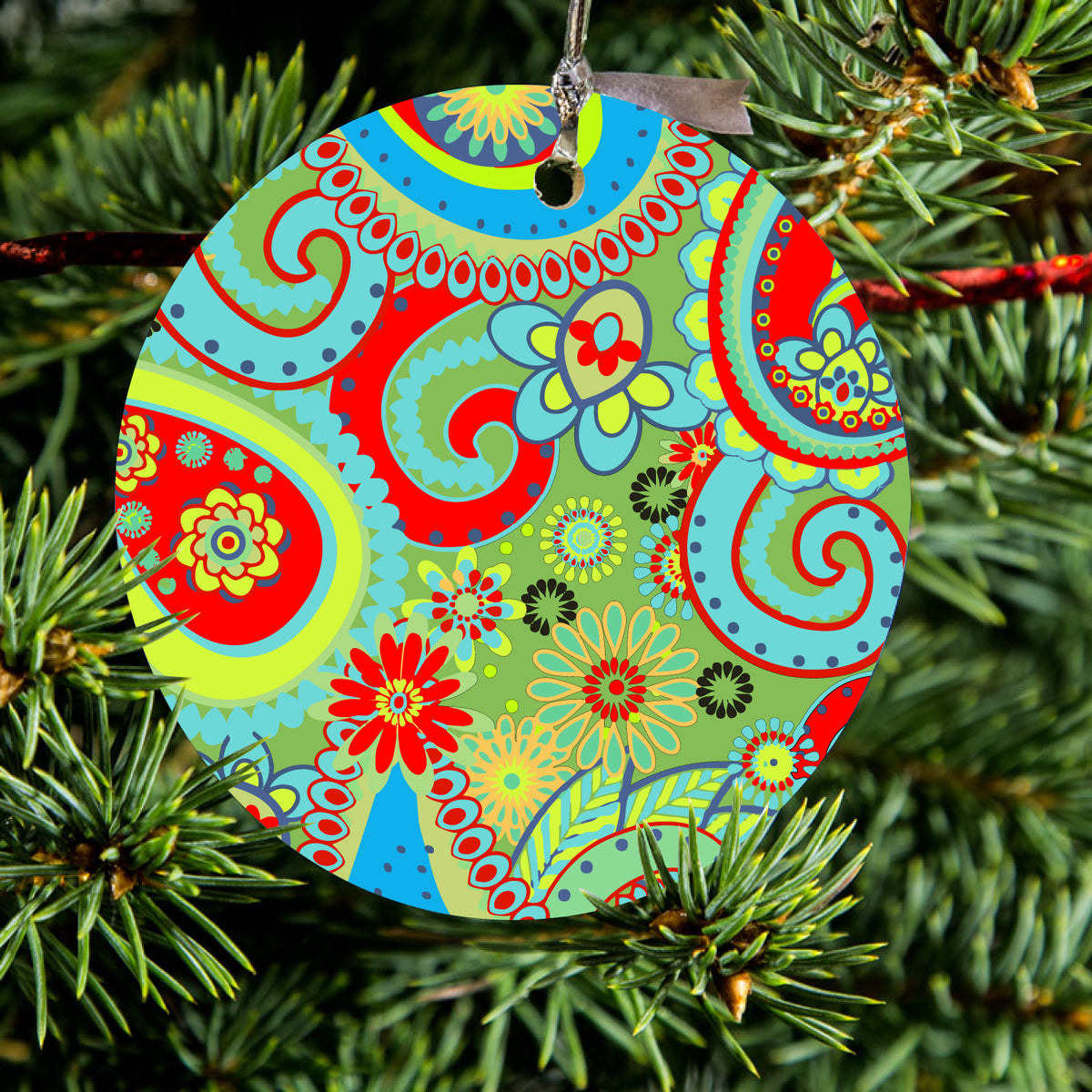 Green Red Blue Paisley Ceramic Ornament, view 2