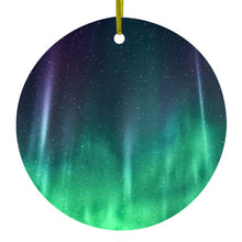 DistinctInk® Hanging Ceramic Christmas Tree Ornament with Gold String - Great Gift / Present - 2 3/4 inch Diameter - Aurora Borealis Northern Lights
