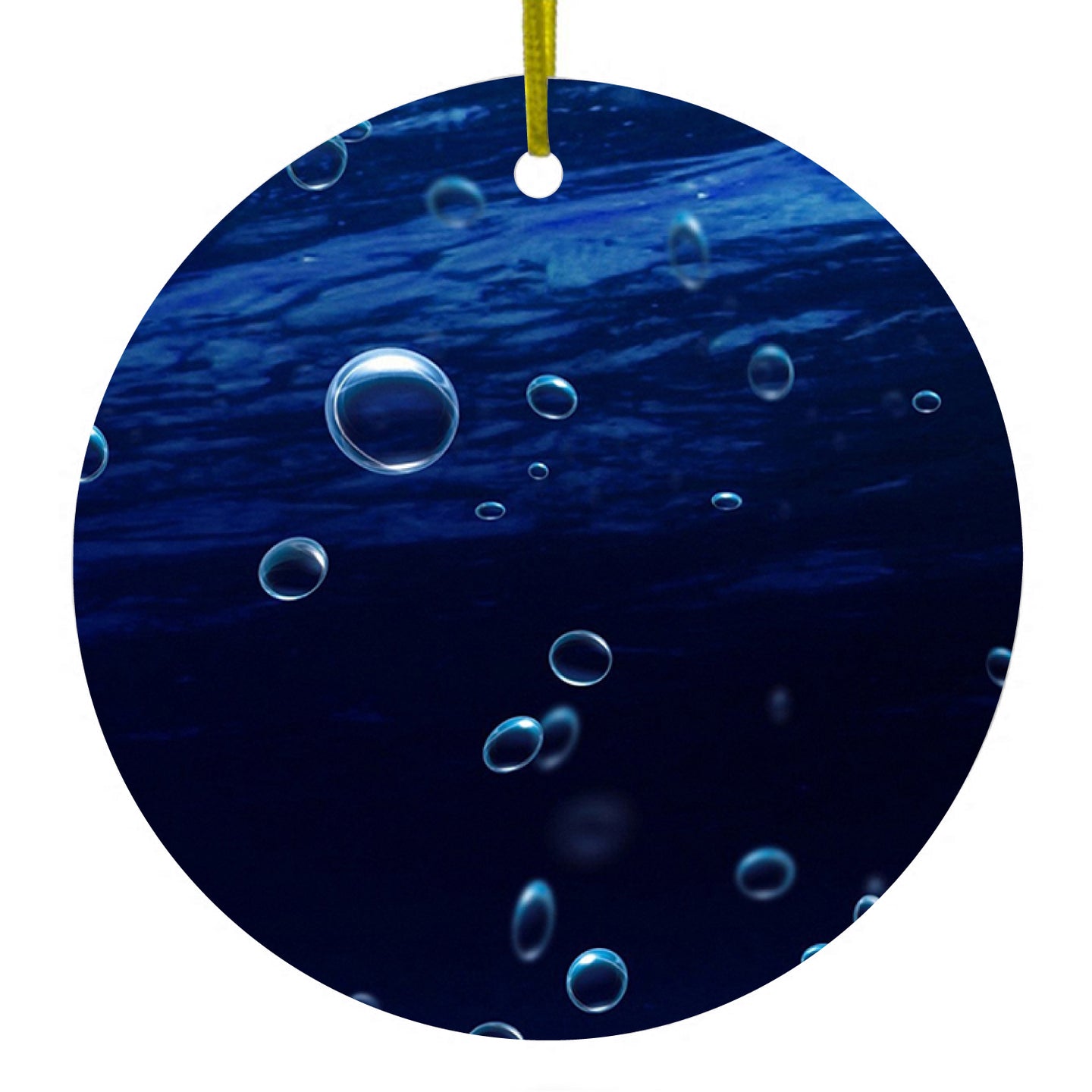 DistinctInk® Hanging Ceramic Christmas Tree Ornament with Gold String - Great Gift / Present - 2 3/4 inch Diameter - Water Bubbles Blue