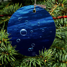 DistinctInk® Hanging Ceramic Christmas Tree Ornament with Gold String - Great Gift / Present - 2 3/4 inch Diameter - Water Bubbles Blue