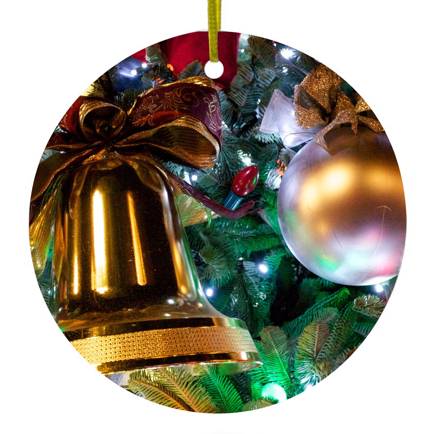 DistinctInk® Hanging Ceramic Christmas Tree Ornament with Gold String - Great Gift / Present - 2 3/4 inch Diameter - Christmas Ornaments Bell