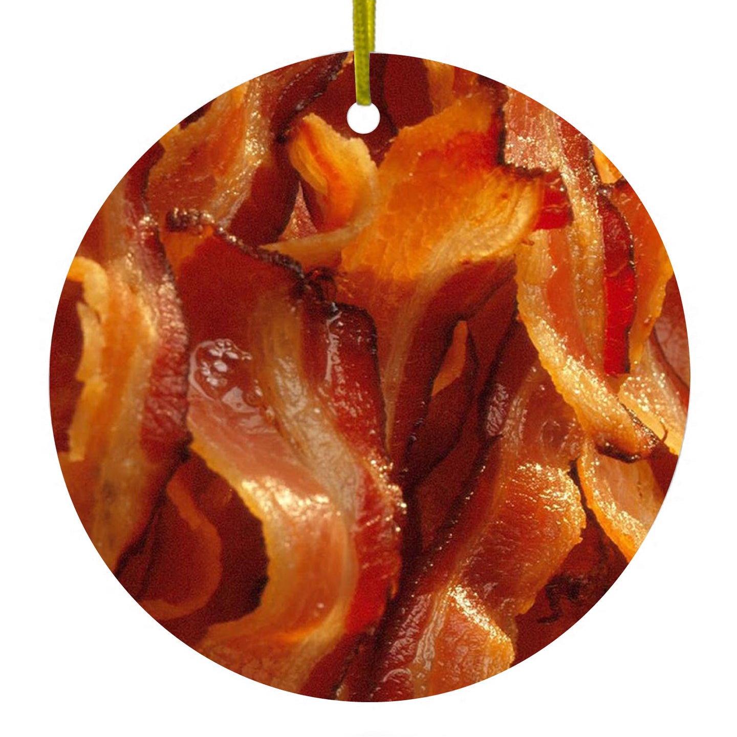 DistinctInk® Hanging Ceramic Christmas Tree Ornament with Gold String - Great Gift / Present - 2 3/4 inch Diameter - Crispy Strips of Bacon