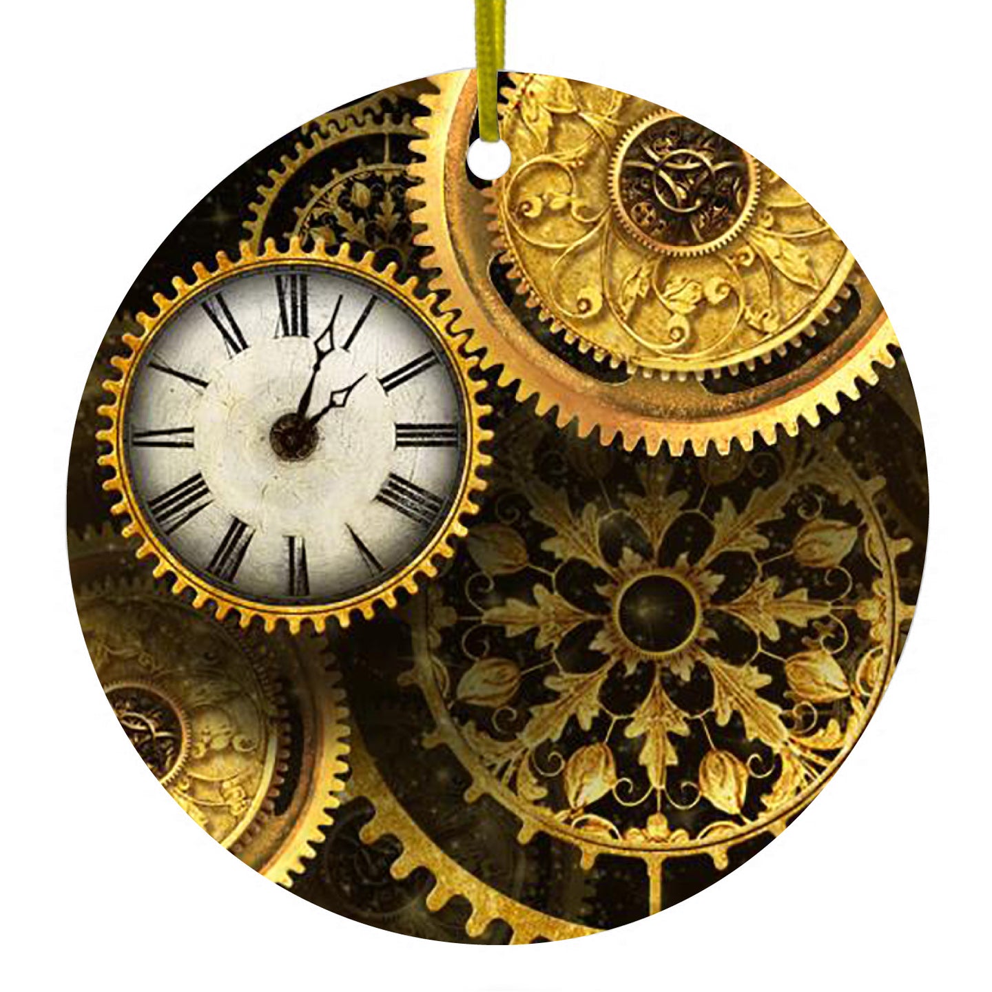 DistinctInk® Hanging Ceramic Christmas Tree Ornament with Gold String - Great Gift / Present - 2 3/4 inch Diameter - Clocks Clockwork Gold
