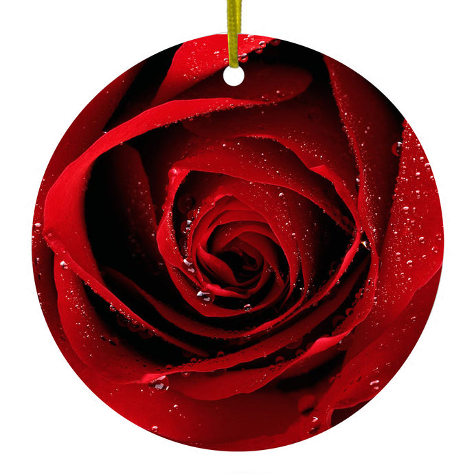 Dew Covered Red Rose Ceramic Ornament