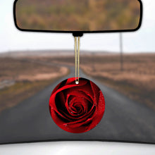 DistinctInk® Hanging Ceramic Christmas Tree Ornament with Gold String - Great Gift / Present - 2 3/4 inch Diameter - Dew Covered Red Rose