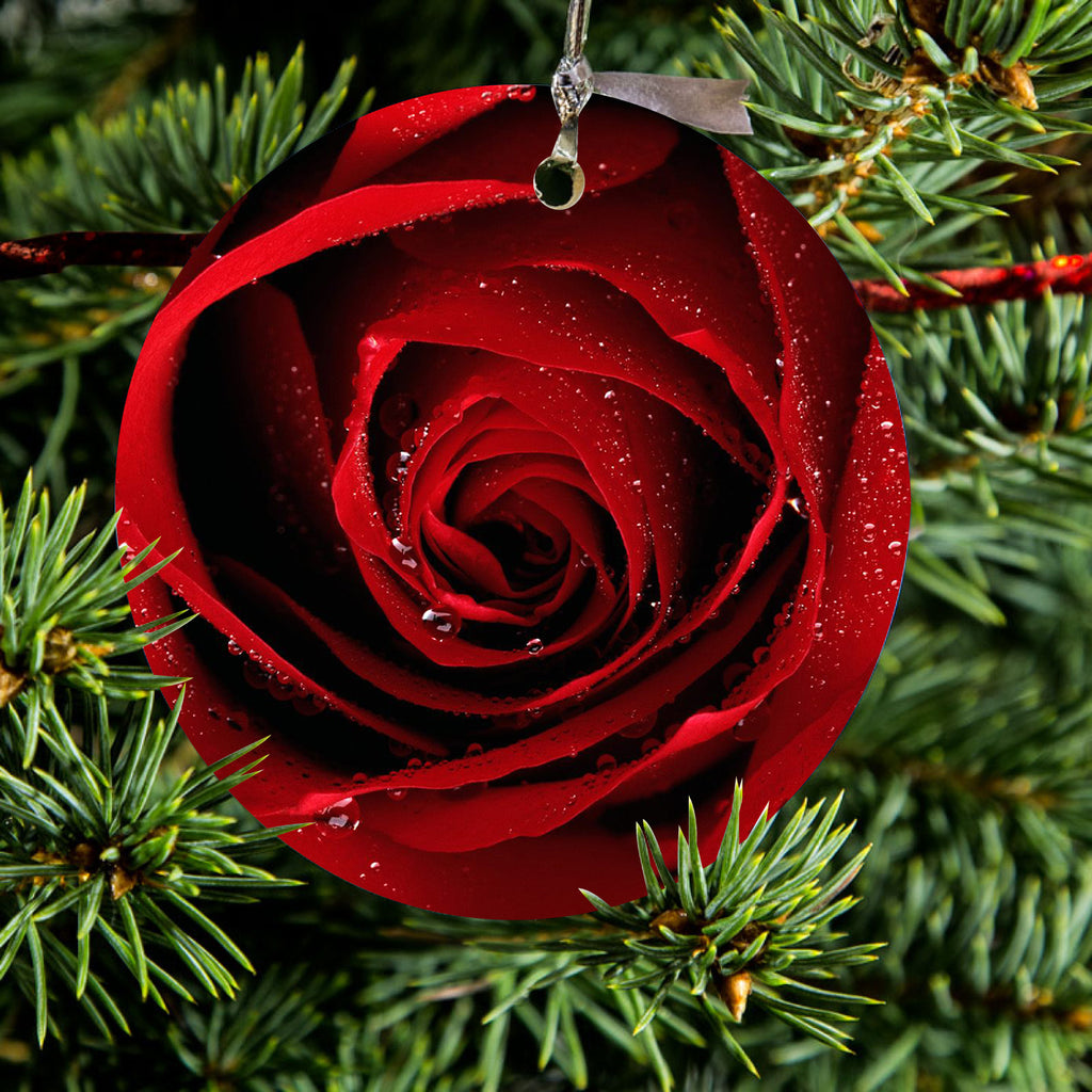 Dew Covered Red Rose Ceramic Ornament, view 2