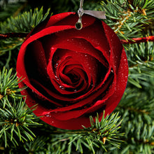 DistinctInk® Hanging Ceramic Christmas Tree Ornament with Gold String - Great Gift / Present - 2 3/4 inch Diameter - Dew Covered Red Rose