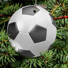 DistinctInk® Hanging Ceramic Christmas Tree Ornament with Gold String - Great Gift / Present - 2 3/4 inch Diameter - Soccer Ball 3D