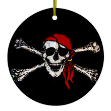 DistinctInk® Hanging Ceramic Christmas Tree Ornament with Gold String - Great Gift / Present - 2 3/4 inch Diameter - Black Red Pirate Flag