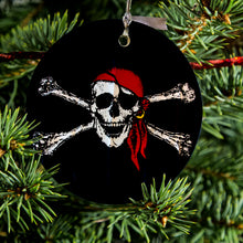 DistinctInk® Hanging Ceramic Christmas Tree Ornament with Gold String - Great Gift / Present - 2 3/4 inch Diameter - Black Red Pirate Flag
