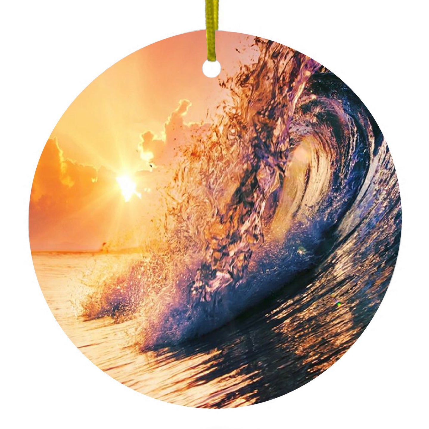 DistinctInk® Hanging Ceramic Christmas Tree Ornament with Gold String - Great Gift / Present - 2 3/4 inch Diameter - Ocean Wave Sunset