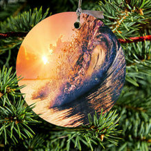 DistinctInk® Hanging Ceramic Christmas Tree Ornament with Gold String - Great Gift / Present - 2 3/4 inch Diameter - Ocean Wave Sunset