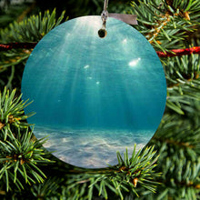 DistinctInk® Hanging Ceramic Christmas Tree Ornament with Gold String - Great Gift / Present - 2 3/4 inch Diameter - Underwater Sun Sand