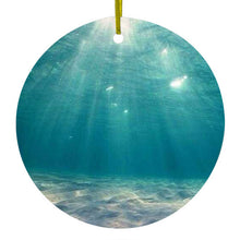 DistinctInk® Hanging Ceramic Christmas Tree Ornament with Gold String - Great Gift / Present - 2 3/4 inch Diameter - Underwater Sun Sand