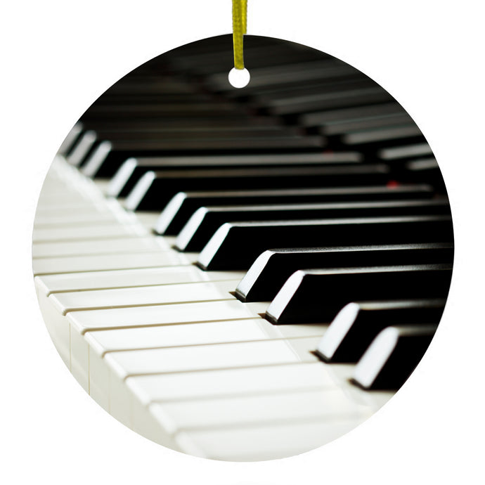 DistinctInk® Hanging Ceramic Christmas Tree Ornament with Gold String - Great Gift / Present - 2 3/4 inch Diameter - Piano Keys Keyboard