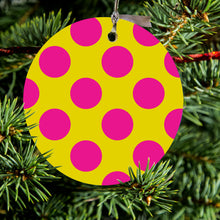 DistinctInk® Hanging Ceramic Christmas Tree Ornament with Gold String - Great Gift / Present - 2 3/4 inch Diameter - Yellow Hot Pink Polka Dots