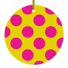 DistinctInk® Hanging Ceramic Christmas Tree Ornament with Gold String - Great Gift / Present - 2 3/4 inch Diameter - Yellow Hot Pink Polka Dots