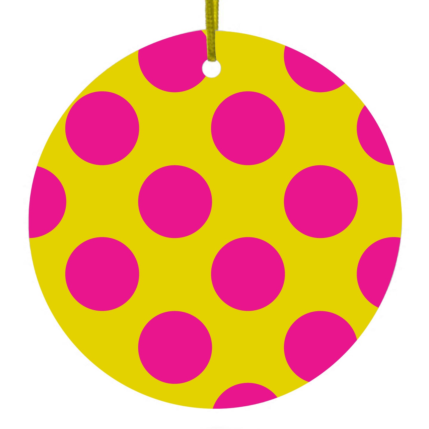 DistinctInk® Hanging Ceramic Christmas Tree Ornament with Gold String - Great Gift / Present - 2 3/4 inch Diameter - Yellow Hot Pink Polka Dots