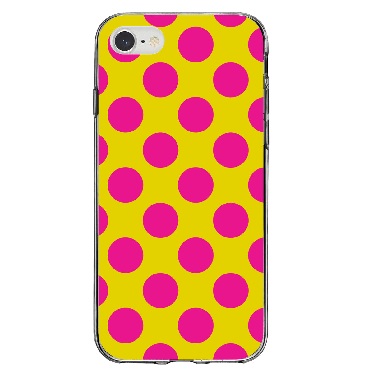 Yellow Hot Pink Polka Dots Clear Shockproof iPhone Case, view 5