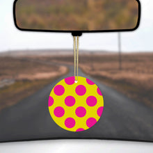 DistinctInk® Hanging Ceramic Christmas Tree Ornament with Gold String - Great Gift / Present - 2 3/4 inch Diameter - Yellow Hot Pink Polka Dots