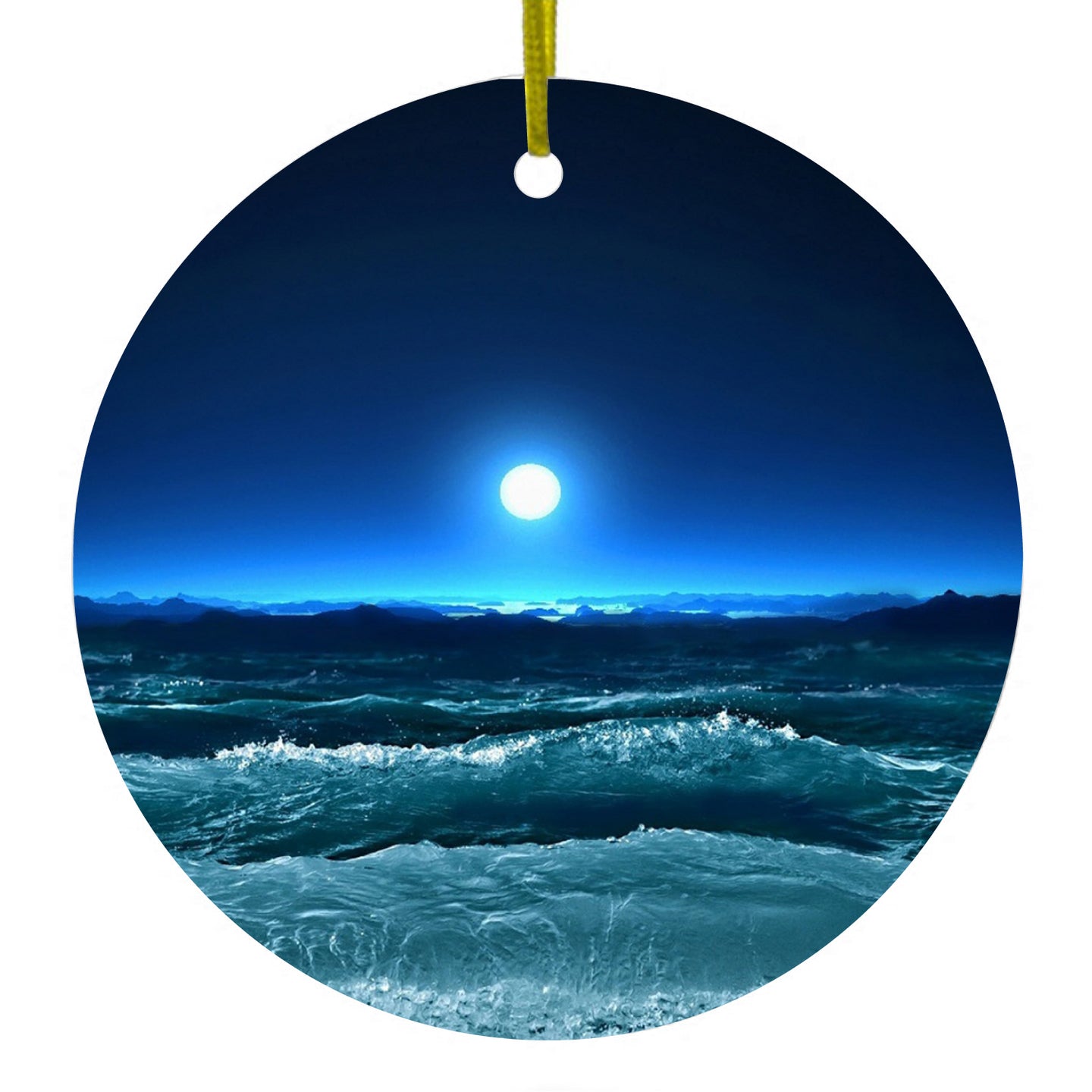 DistinctInk® Hanging Ceramic Christmas Tree Ornament with Gold String - Great Gift / Present - 2 3/4 inch Diameter - Moonlit Ocean Waves