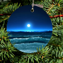 DistinctInk® Hanging Ceramic Christmas Tree Ornament with Gold String - Great Gift / Present - 2 3/4 inch Diameter - Moonlit Ocean Waves