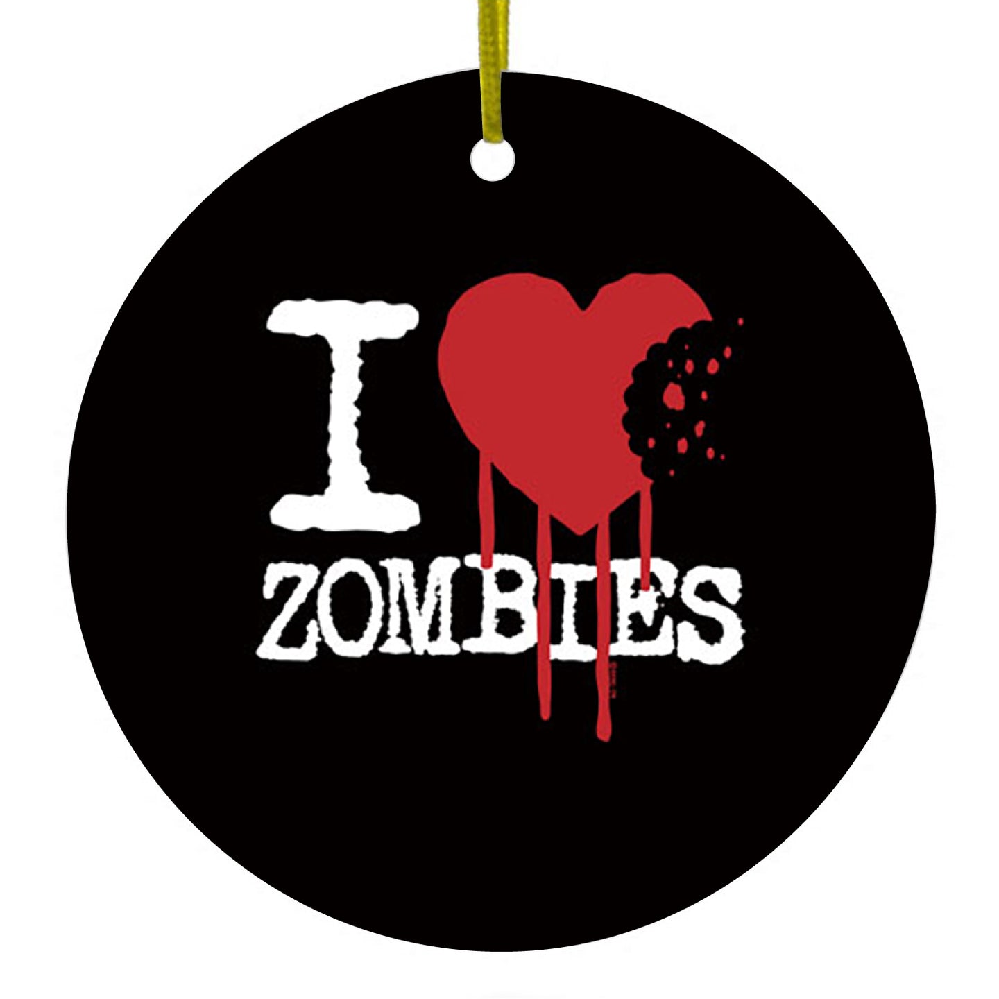 DistinctInk® Hanging Ceramic Christmas Tree Ornament with Gold String - Great Gift / Present - 2 3/4 inch Diameter - I Heart Zombies