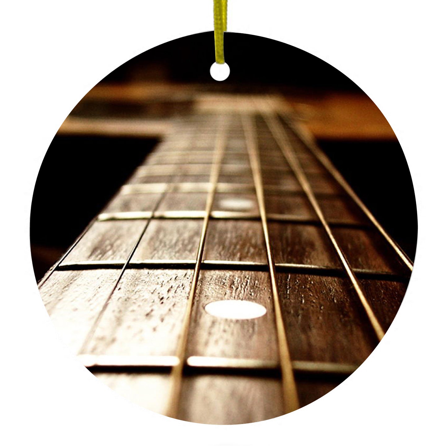 DistinctInk® Hanging Ceramic Christmas Tree Ornament with Gold String - Great Gift / Present - 2 3/4 inch Diameter - Guitar Strings Neck